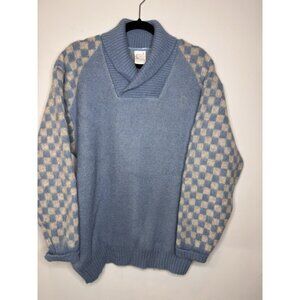VTG Alafoss Icewool Sweater Women M Pullover Checkered Shawl Collar Iceland Blue